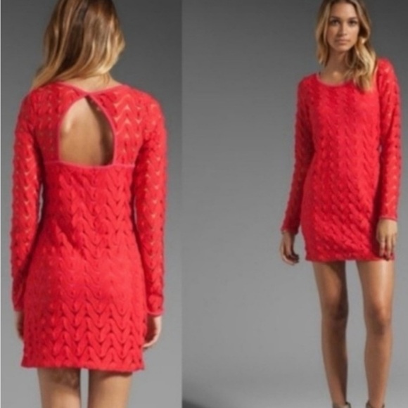 FREE PEOPLE Crochet Dress Mini Red Strawberry Long Sleeve Size Medium NWT - Picture 2 of 12